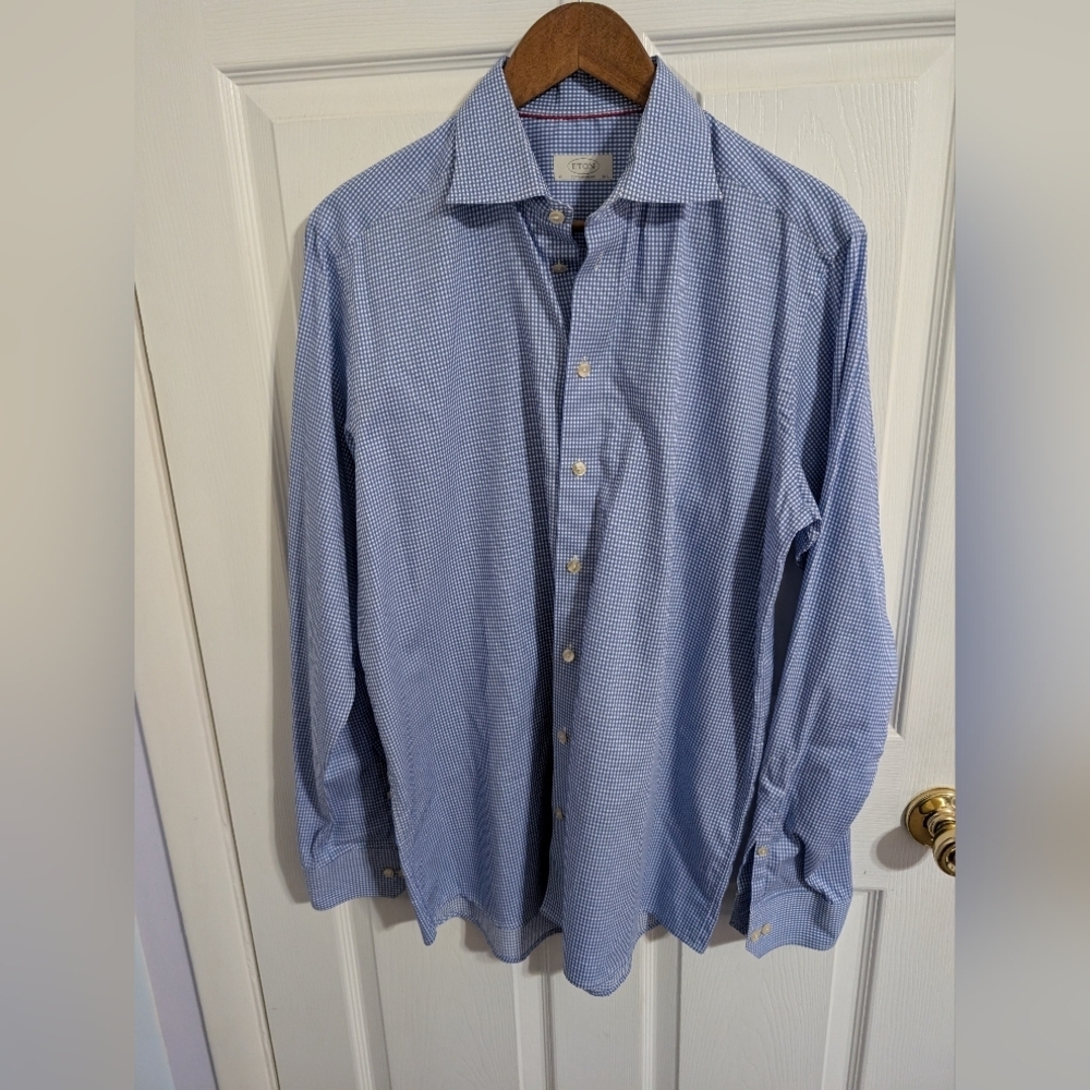 Eton Mens Dress Shirt Blue White Size 16.5-42 Long Sleeve Button Contemporary